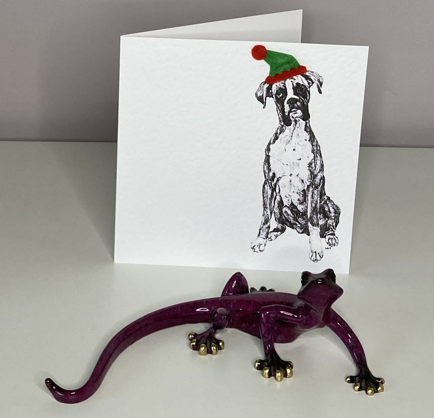 Boxer with elf hat Christmas card by Louisa Hill