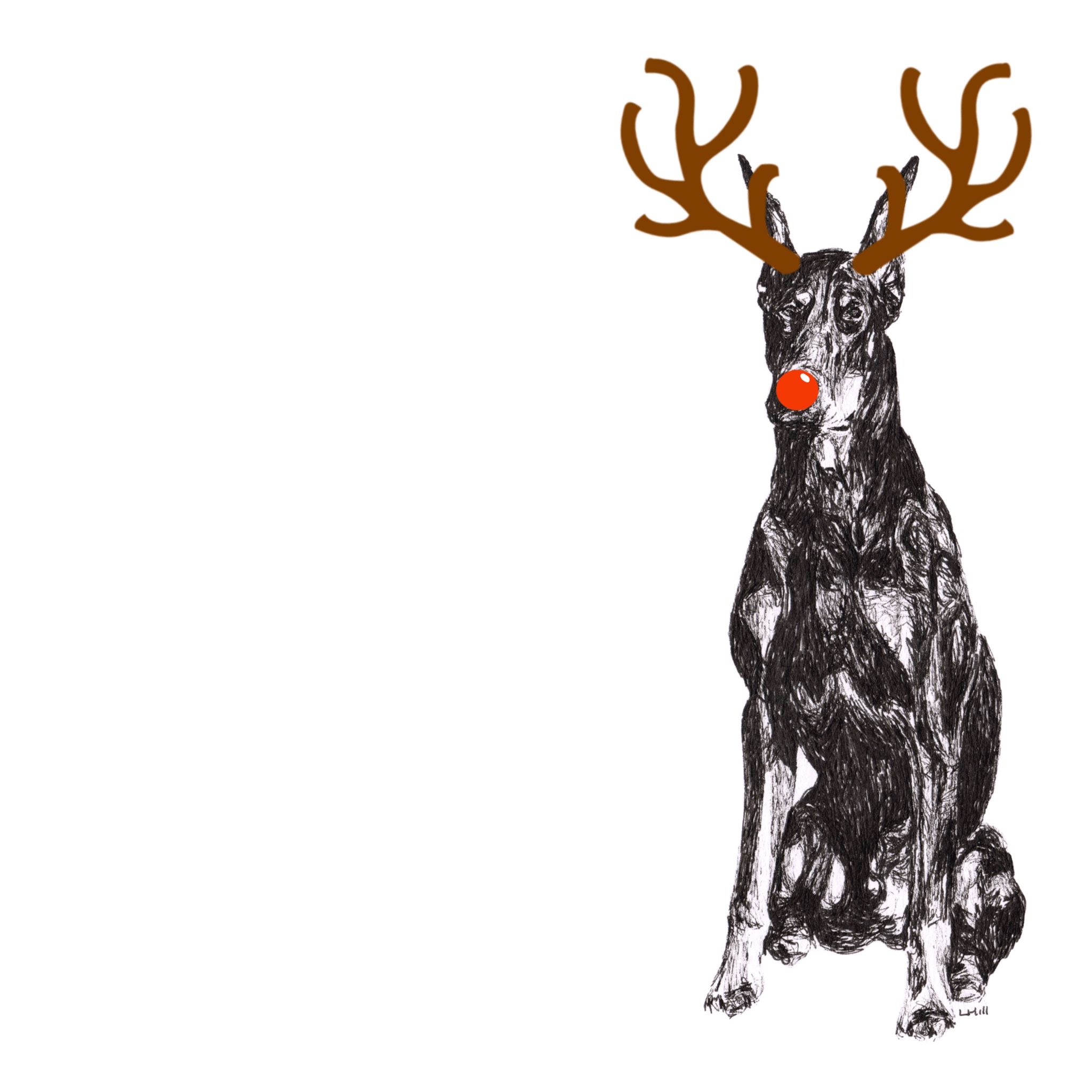 Doberman Pinscher with reindeer antlers and red nose  Christmas card by Louisa Hill