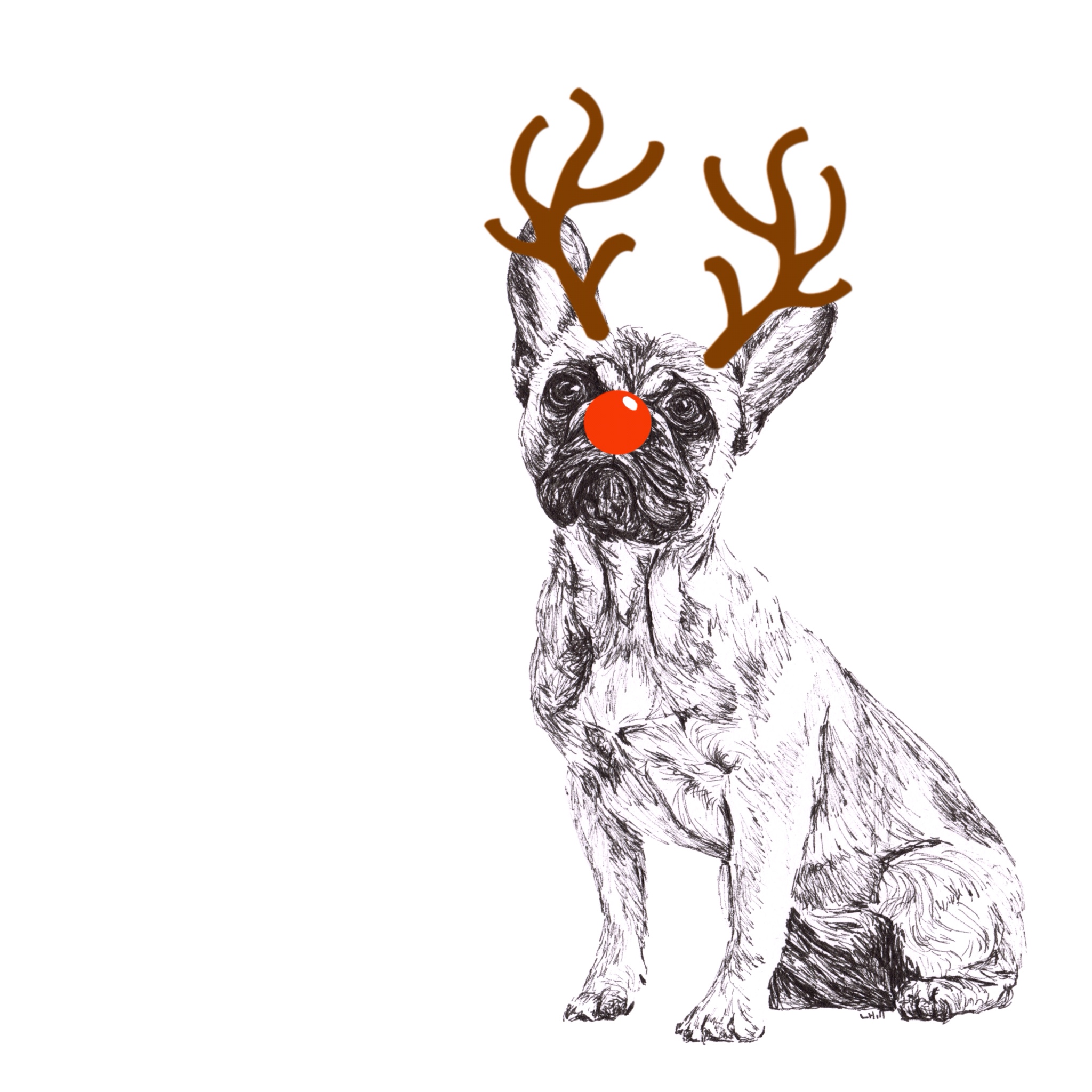 French Bulldog with reindeer antlers and red nose Christmas card by Louisa Hill