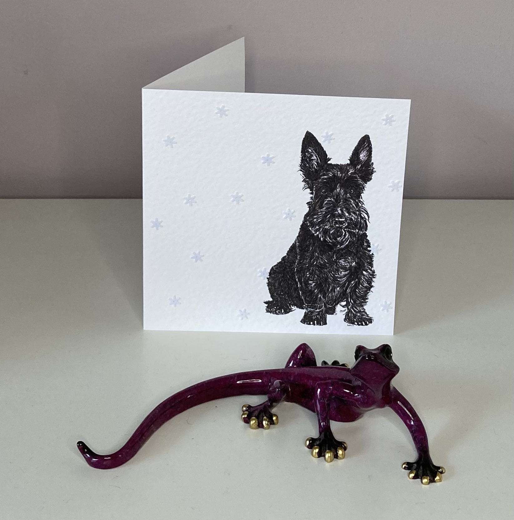 Scottish Terrier with snowflakes Christmas card by Louisa Hill