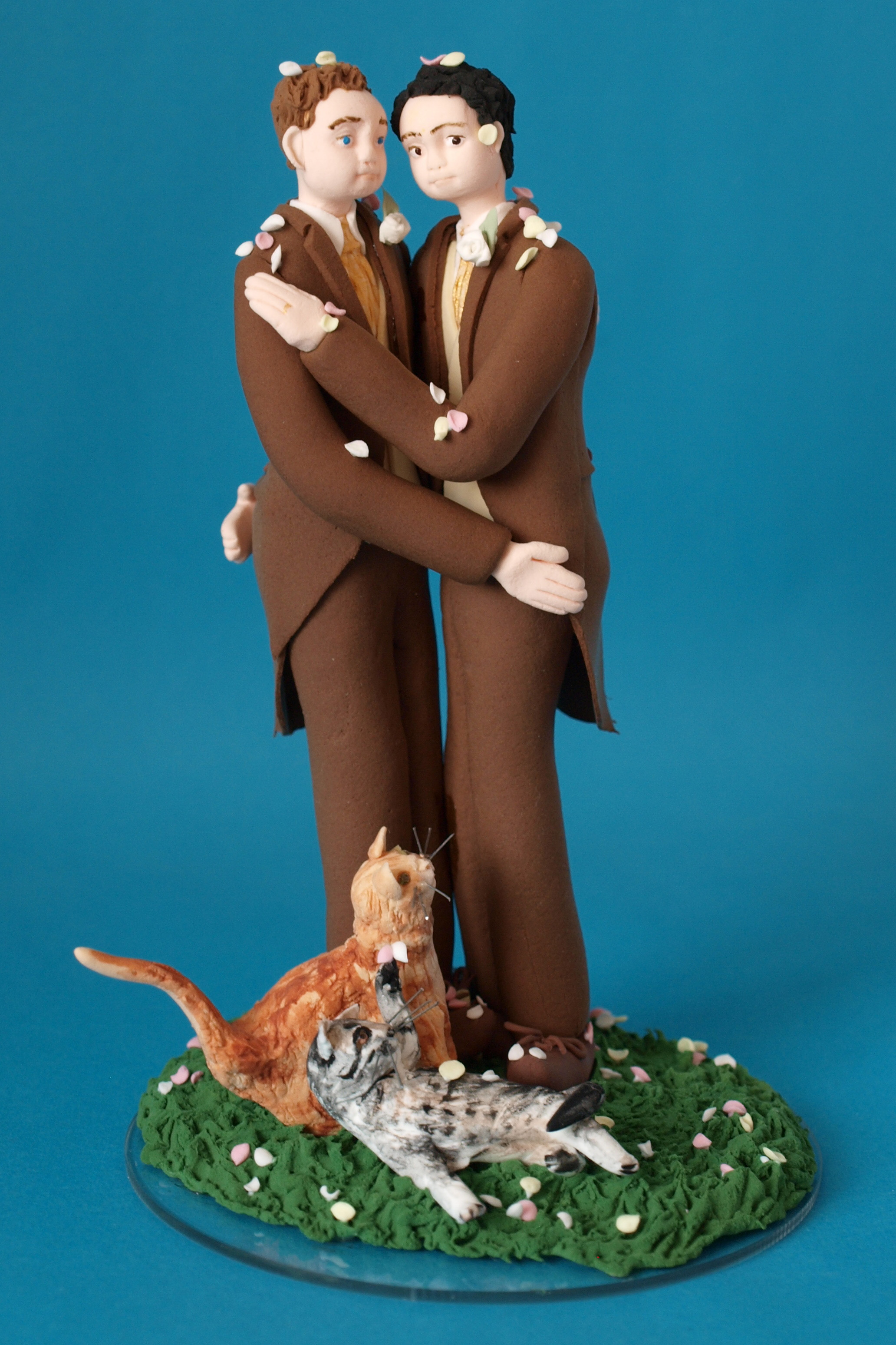 Groom and groom with cats wedding cake topper by Louisa Hill