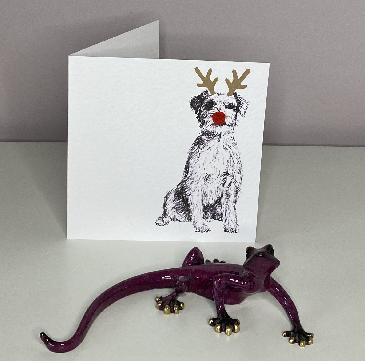 Parson Russell Terrier with reindeer antlers and red nose Christmas card by Louisa Hill