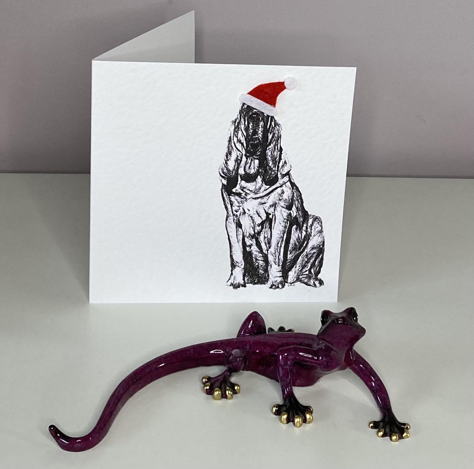 Bloodhound with Santa hat Christmas card by Louisa Hill