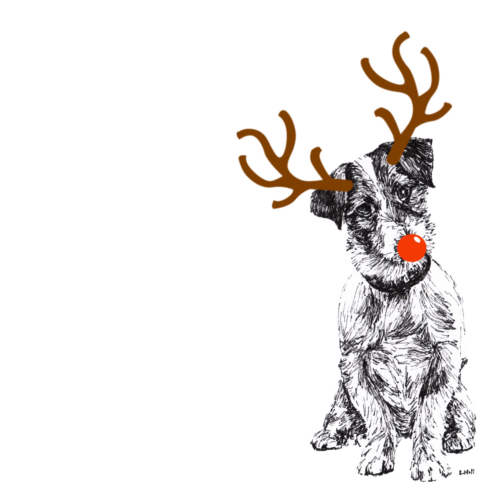 Jack Russell Terrier with reindeer antlers and red nose Christmas card by Louisa Hill