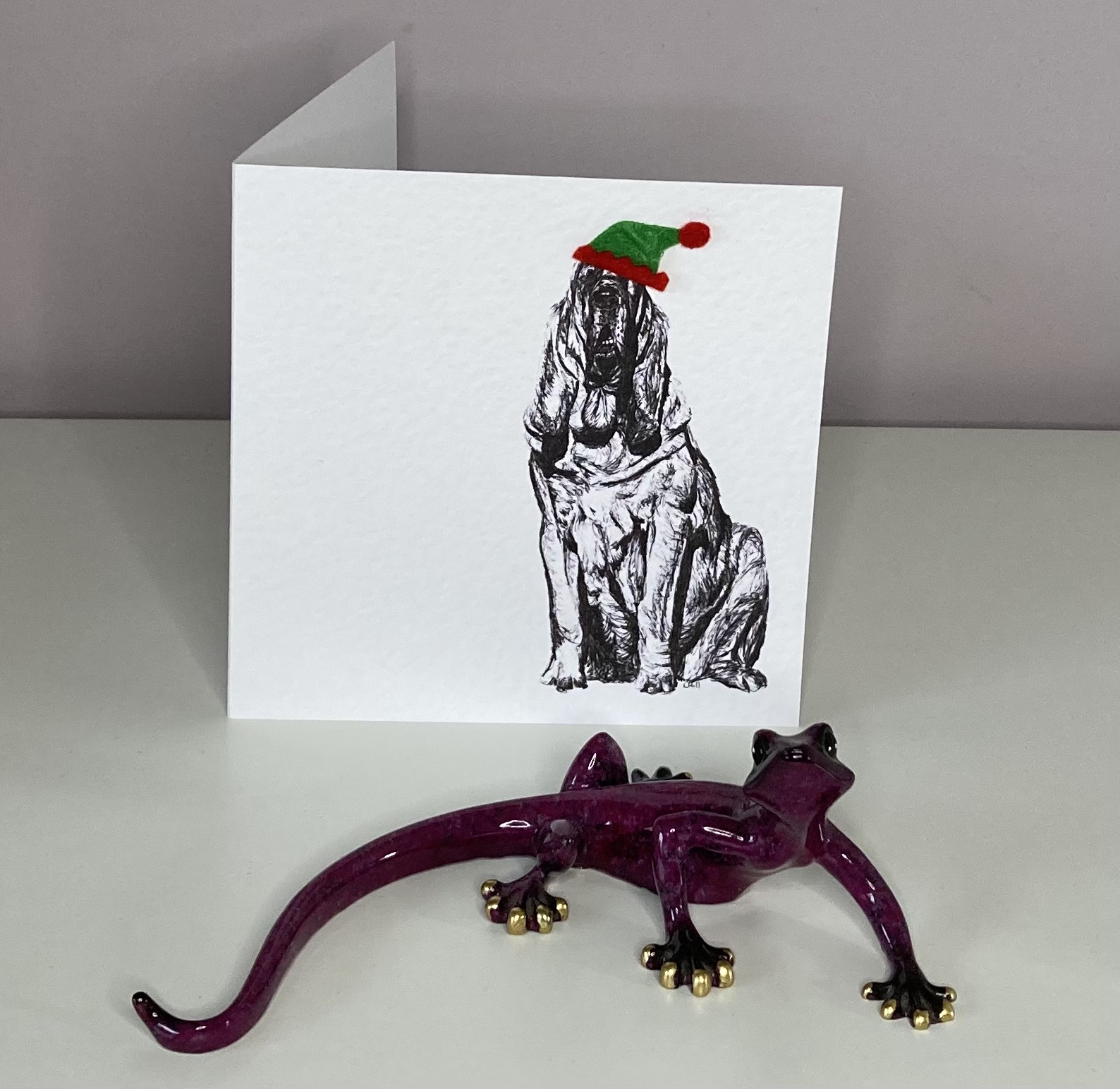 Bloodhound with elf hat Christmas card by Louisa Hill