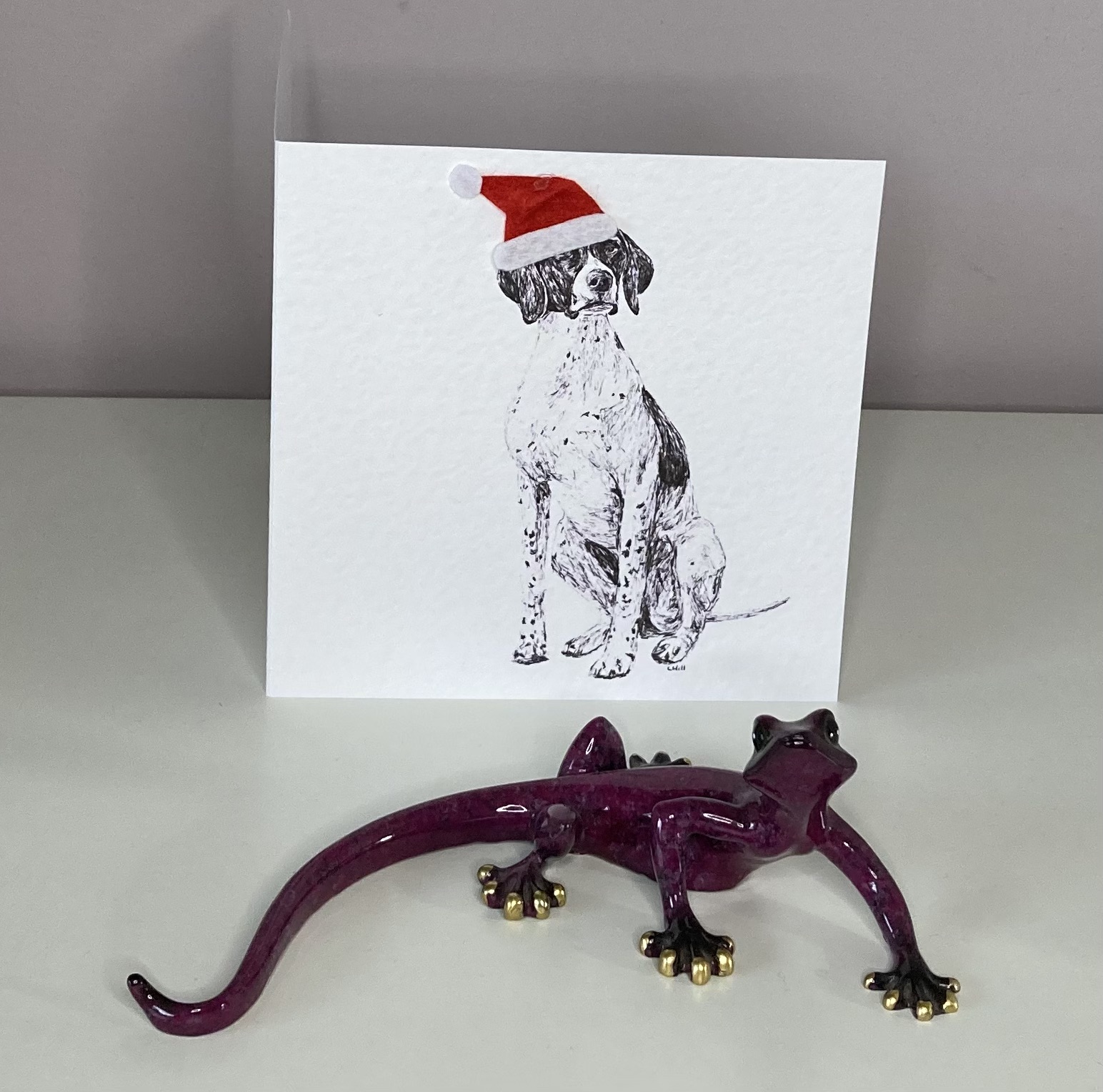 English Pointer with Santa hat Christmas card by Louisa Hill