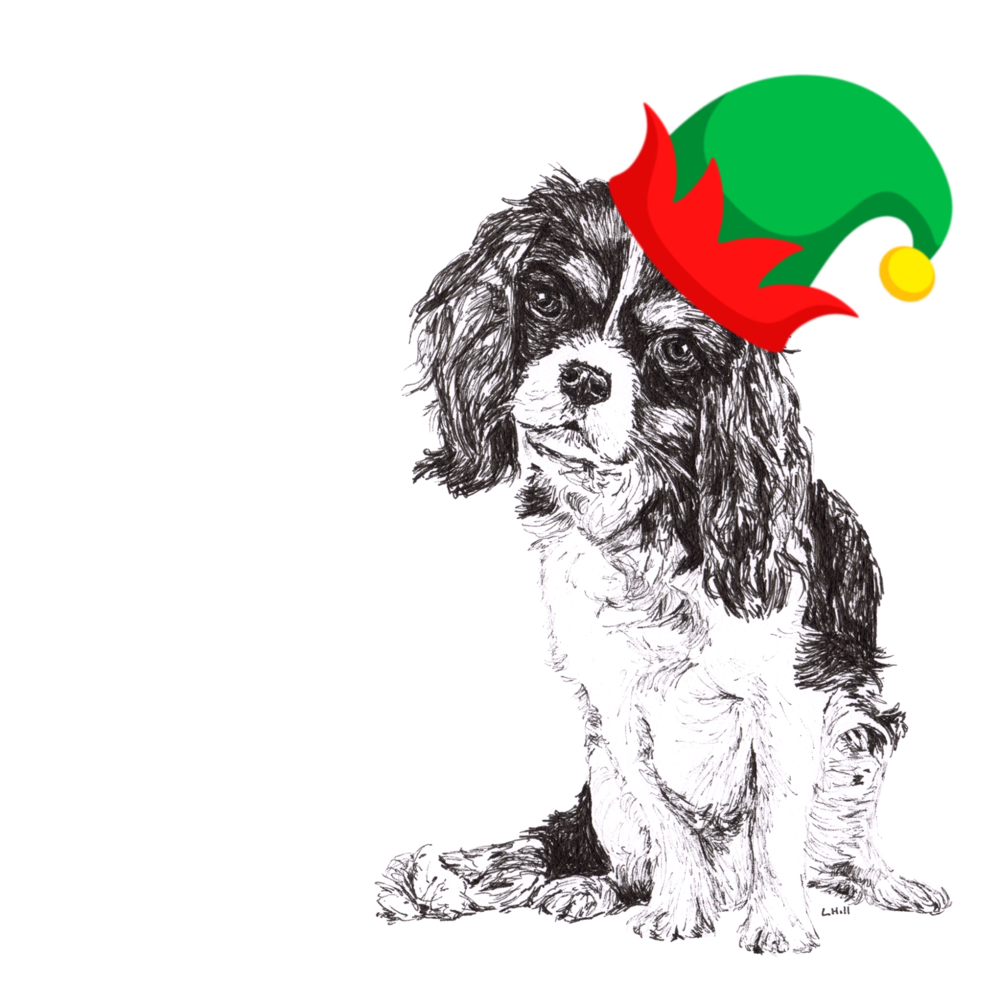 Cavalier King Charles Spaniel with Santa hat Christmas card by Louisa Hill