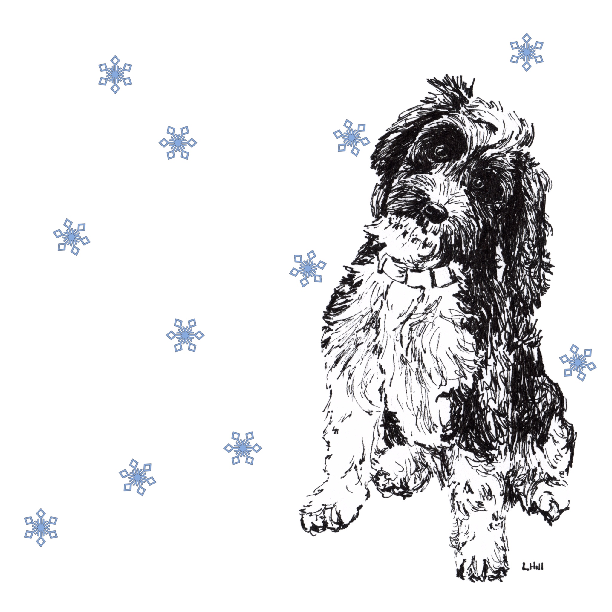 Cockapoo with reindeer antlers and red nose Christmas card by Louisa Hill