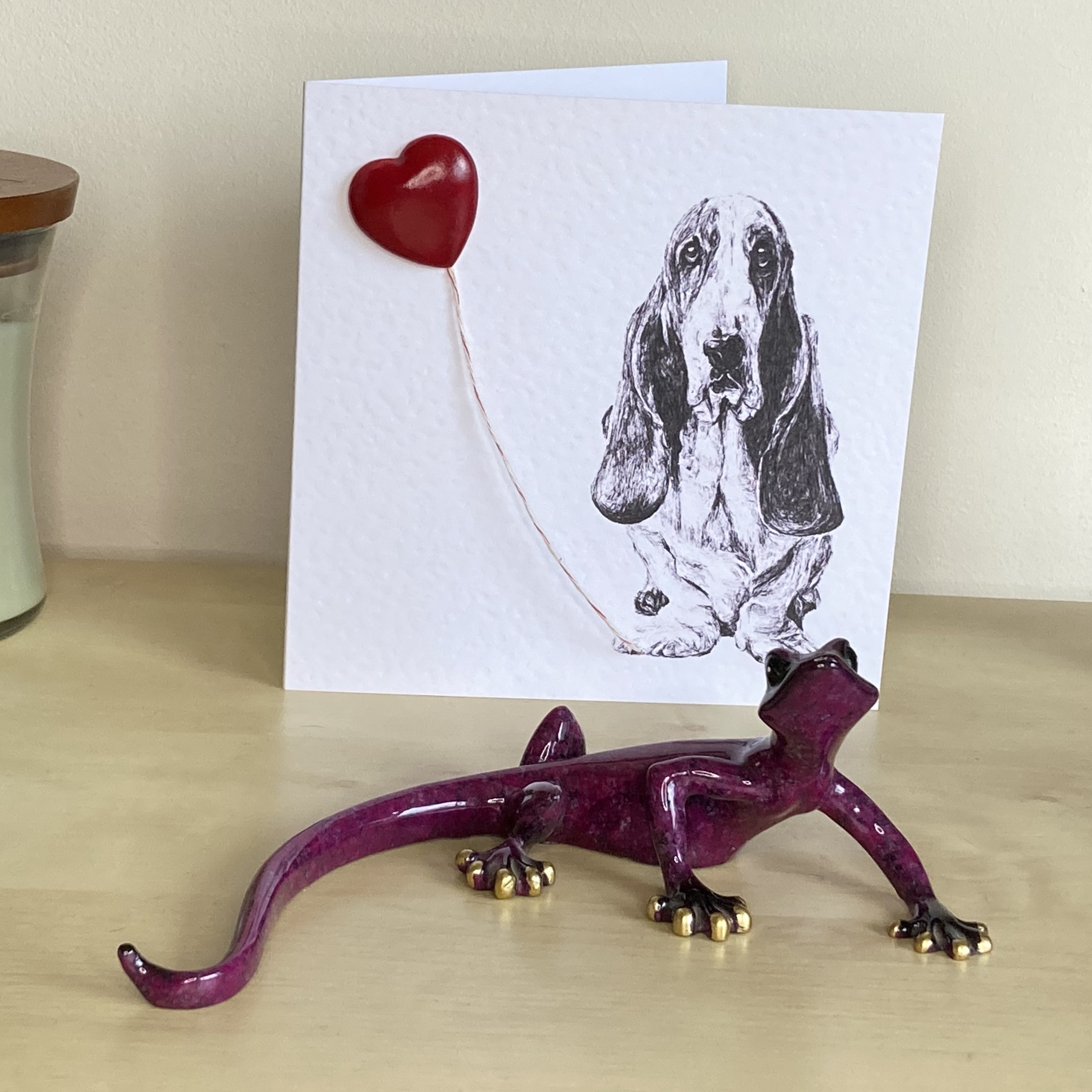 Basset Hound 15cm greetings card with 3D red heart balloon by Louisa Hill