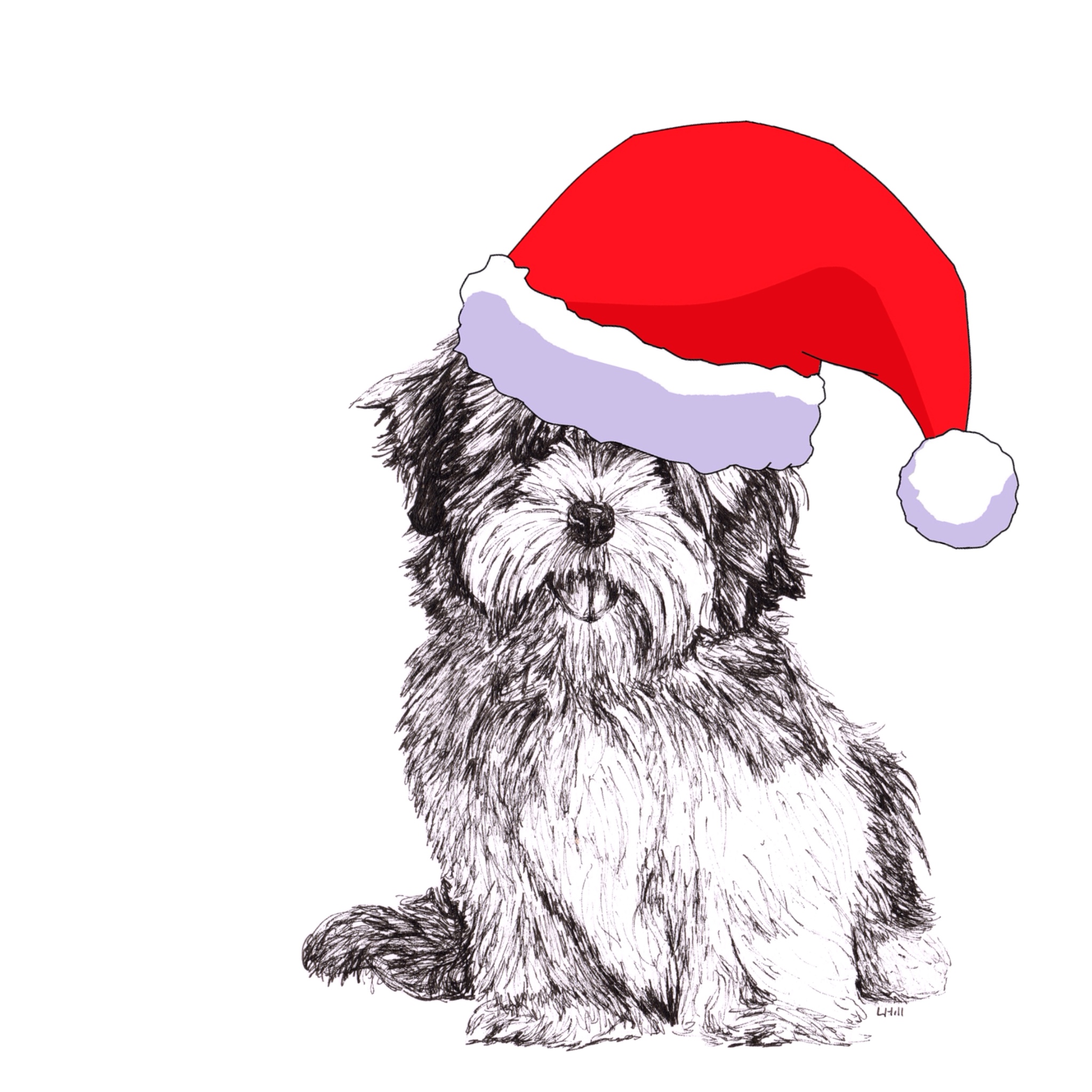 Lhasa Apso with reindeer antlers and red nose Christmas card by Louisa Hill