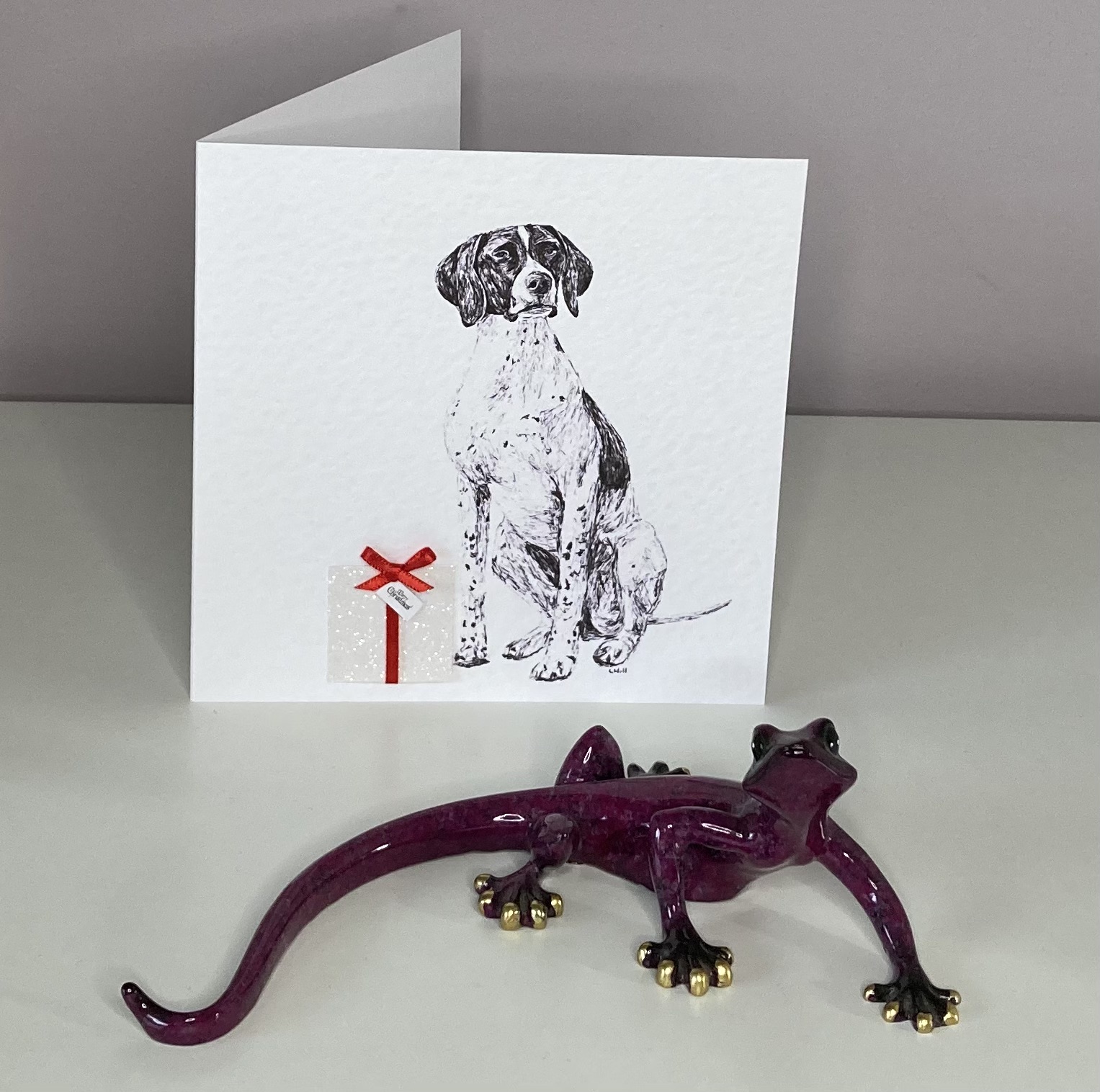 English Pointer with Christmas present Christmas card by Louisa Hill