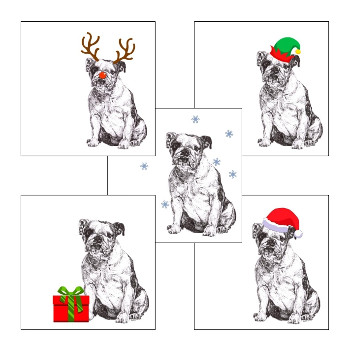 English Bulldog with reindeer antlers and red nose Christmas card by Louisa Hill